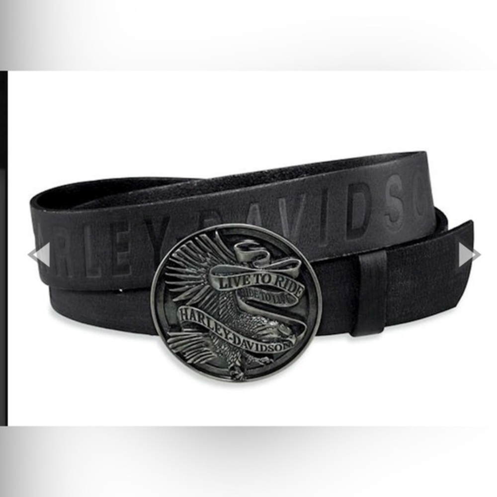 Harley Davidson Men Sz 38 Black Leather Belt with Live to Ride Eagle Belt Buckle
